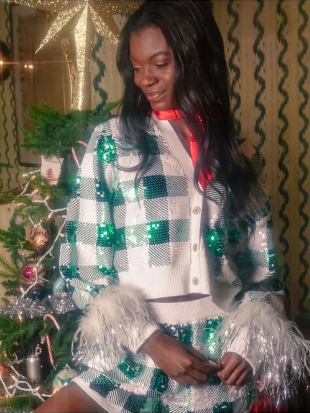 Queen of sparkles Sequin Plaid buffalo with Feather Cuffs sweater cardigan